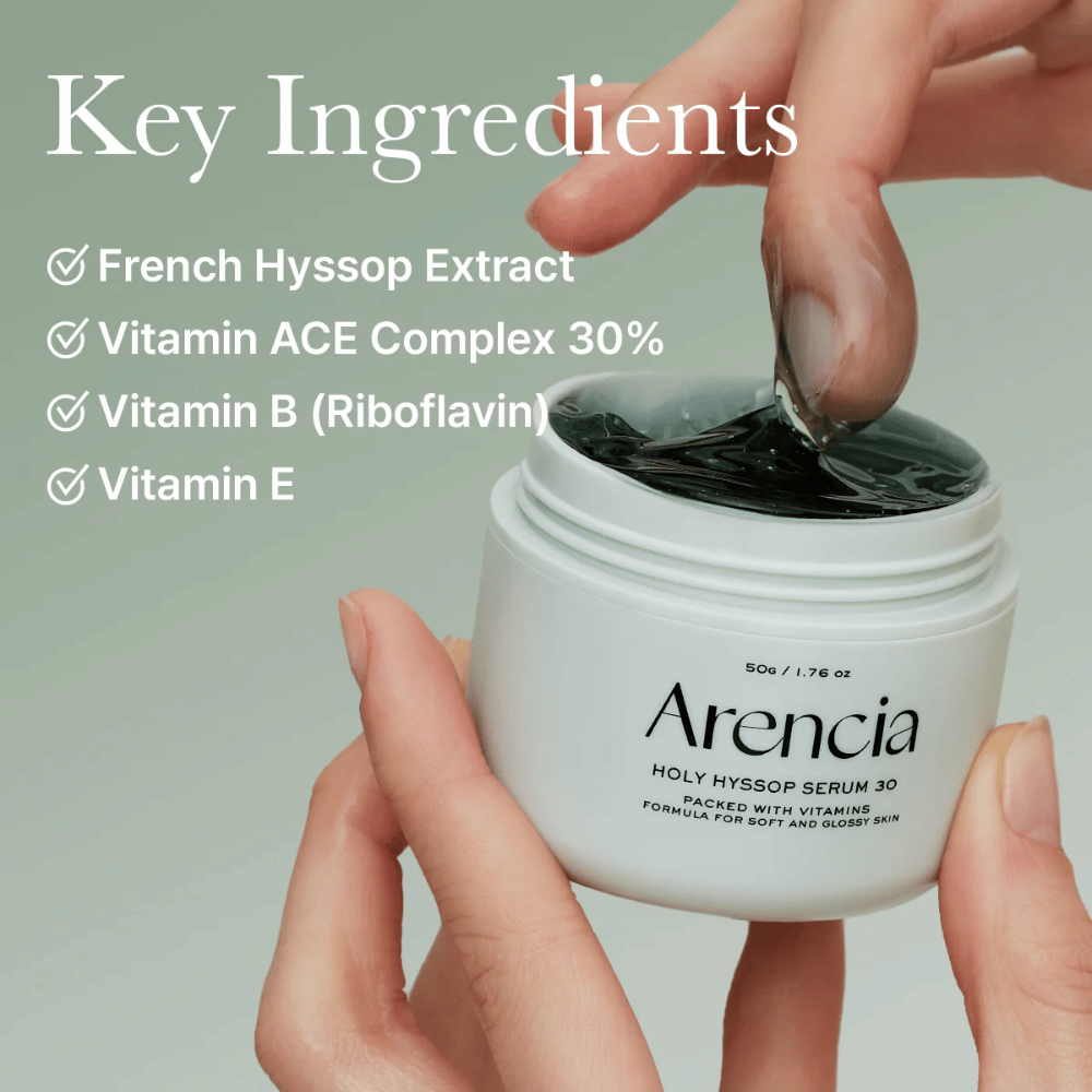 Povečava na Arencia Holy Hyssop Serum 30 – nova formula s francoskim izopom, vitamin ACE-kompleksom in vitaminoma B & E za sijočo kožo.