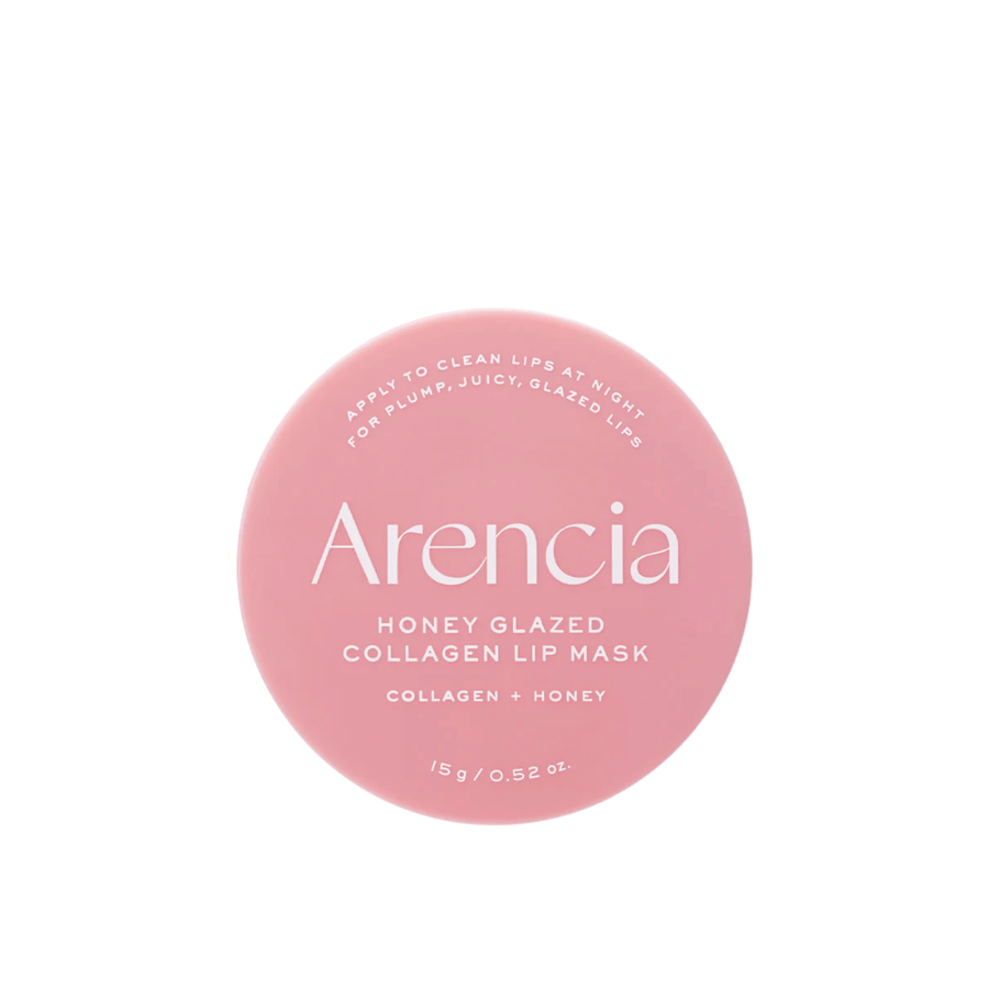 Čista produktna slika Arencia Honey Glazed Collagen Lip Mask v rožnati embalaži z minimalističnim in elegantnim dizajnom.