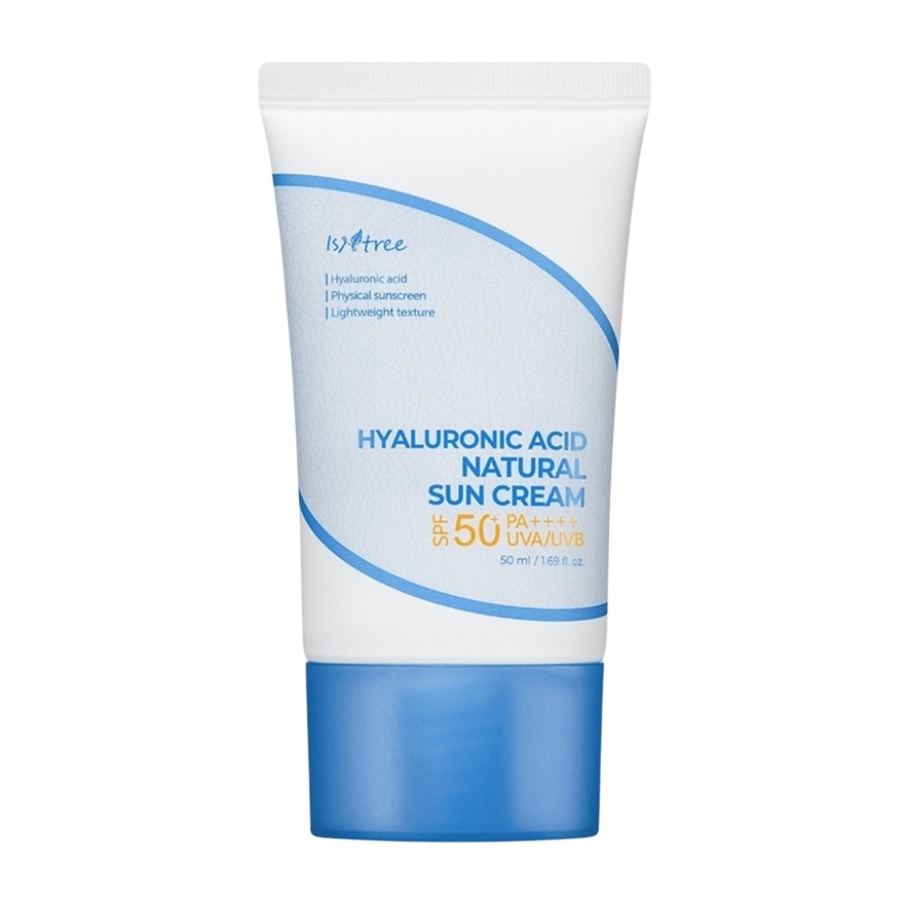 Isntree Hyaluronic Acid Natural Sun Cream z SPF50+ PA++++ ščiti pred UVA/UVB, vlaži s hialuronsko kislino in je primerna za občutljivo kožo zaradi svoje lahke, fizične in nekomedogene formule.