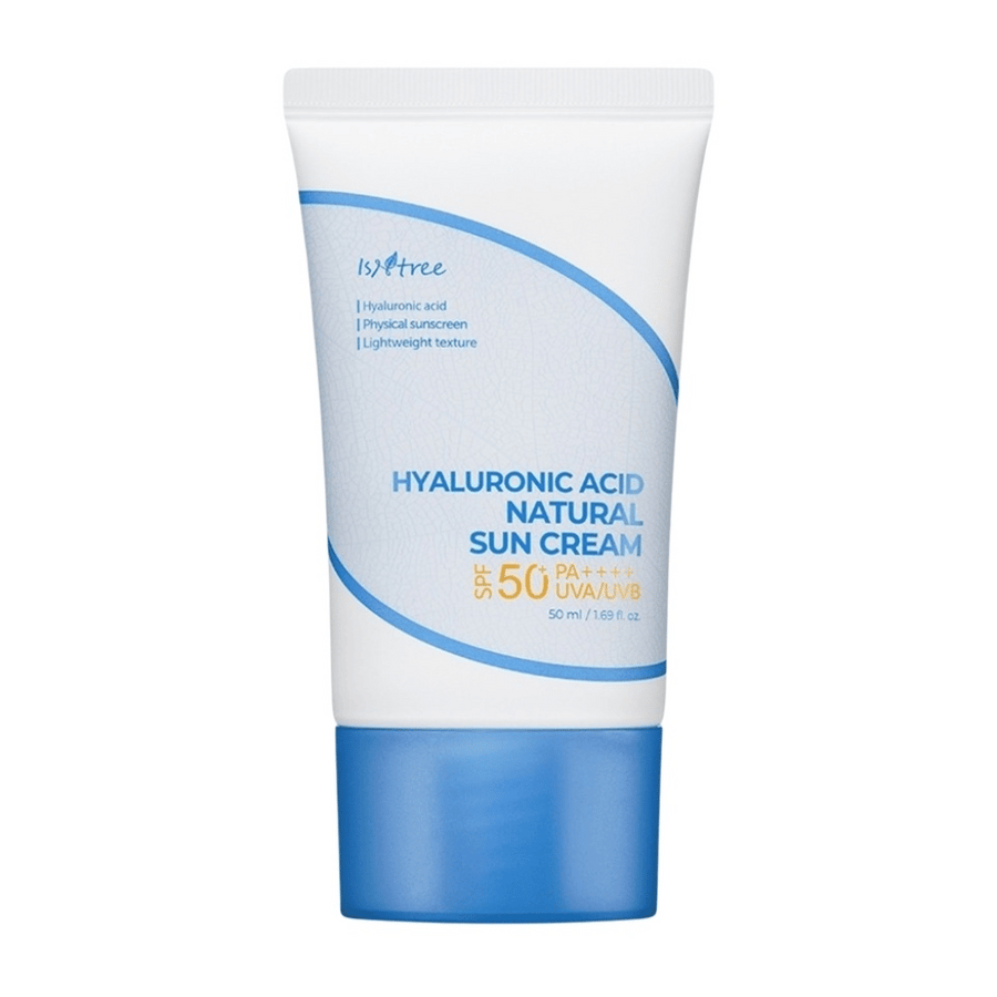 Isntree Hyaluronic Acid Natural Sun Cream z SPF50+ PA++++ ščiti pred UVA/UVB, vlaži s hialuronsko kislino in je primerna za občutljivo kožo zaradi svoje lahke, fizične in nekomedogene formule.