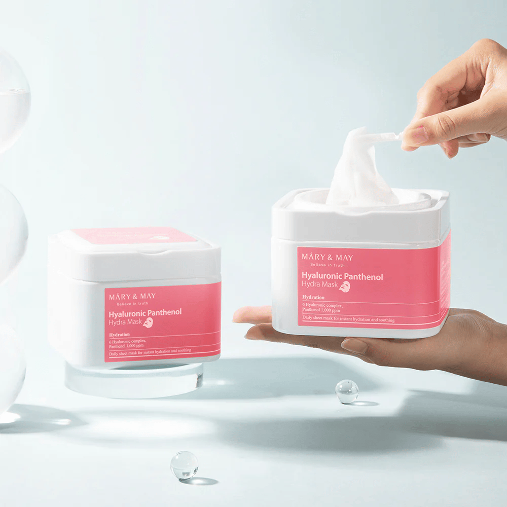Mary & May Hyaluronic Panthenol Hydra Mask dnevna sheet mask – pomirjujoča in vlažilna maska, ki krepi kožno pregrado
