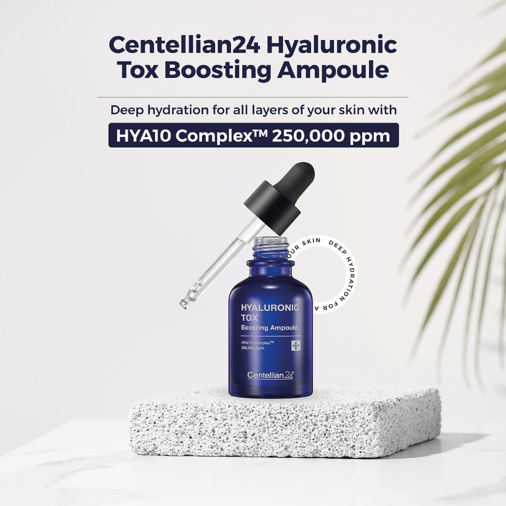 4. Centellian24 Hyaluronic Tox Boosting Ampoule – modra steklenička seruma s pipeto in kompleksom HYΛ10