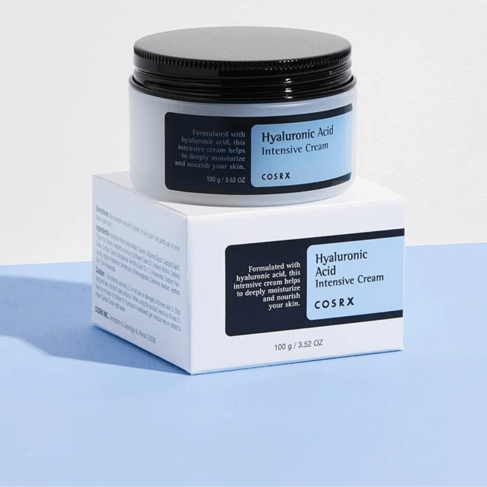 COSRX Hyaluronic Acid Intensive Cream 100 g v lončku s škatlo – intenzivna krema za obraz s hialuronsko kislino za globoko vlaženje in okrepljeno kožno bariero.