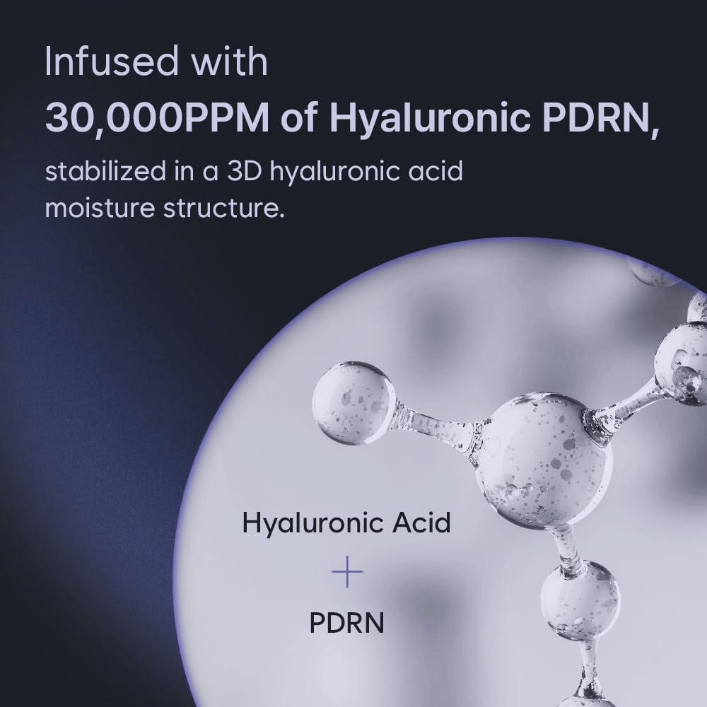 Grafična ilustracija hialuronske kisline in PDRN v tridimenzionalni vlažilni strukturi. Slika izpostavlja visoko koncentracijo Hyaluronic PDRN v izdelku in njegovo vlažilno tehnologijo.