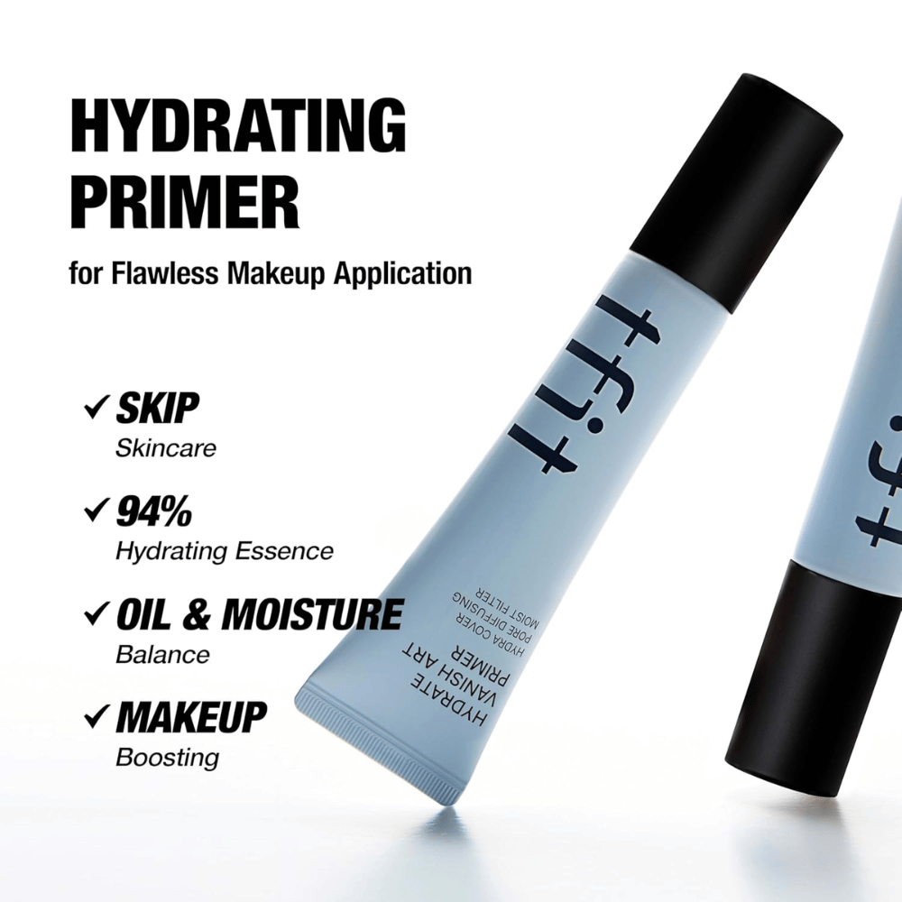 TFIT Hydrate Vanish Art Primer je prikazan z informativnim besedilom o prednostih izdelka, vključno s 94 % vlažilne esence in ravnovesjem olja – zasnovan za bolj enakomerno podlago za ličenje.