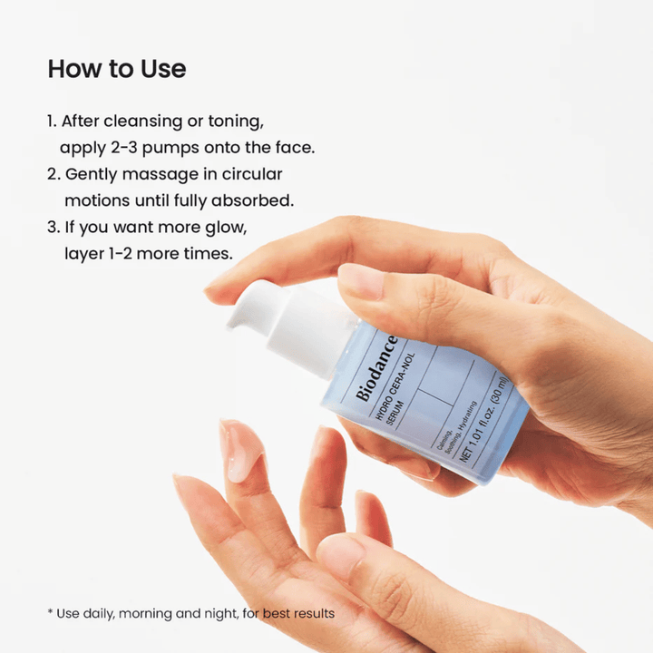 Po čiščenju ali tonik za obraz nanesite 2–3 črpalke na obraz. Nežno masirajte v krožnih gibih, dokler se serum popolnoma ne vpije. Za dodatni sijaj nanesite še 1–2 sloja. Uporabite zjutraj in zvečer.