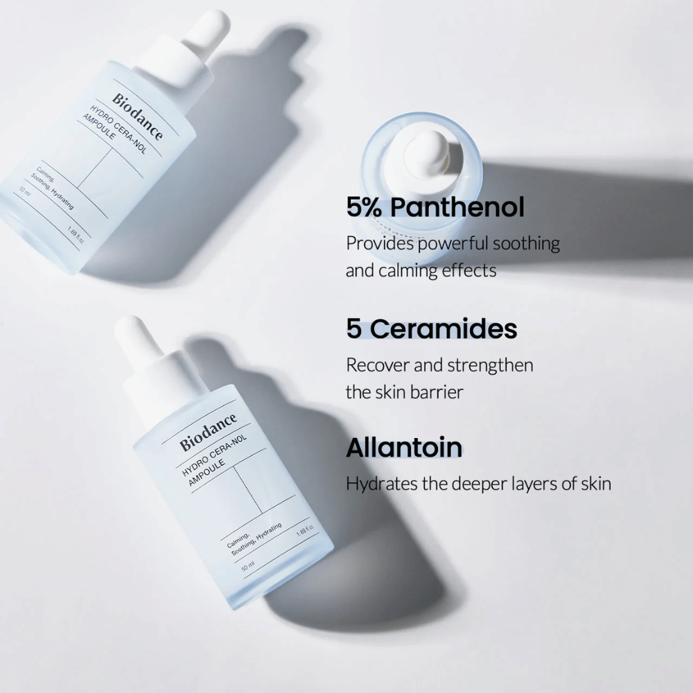 Biodance Hydro Cera-Nol Ampoule – Intenzivno vlaženje in krepitev kožne pregrade.

💙 5% Pantenol – Pomirja in zmanjšuje draženje kože.
🛡️ 5 Ceramidi – Obnavljajo in krepijo zaščitno pregrado kože.
💧 Alantoin – Globoko vlažilen za mehkejšo kožo.

Popolno za občutljivo in suho kožo, ki potrebuje dodatno nego!