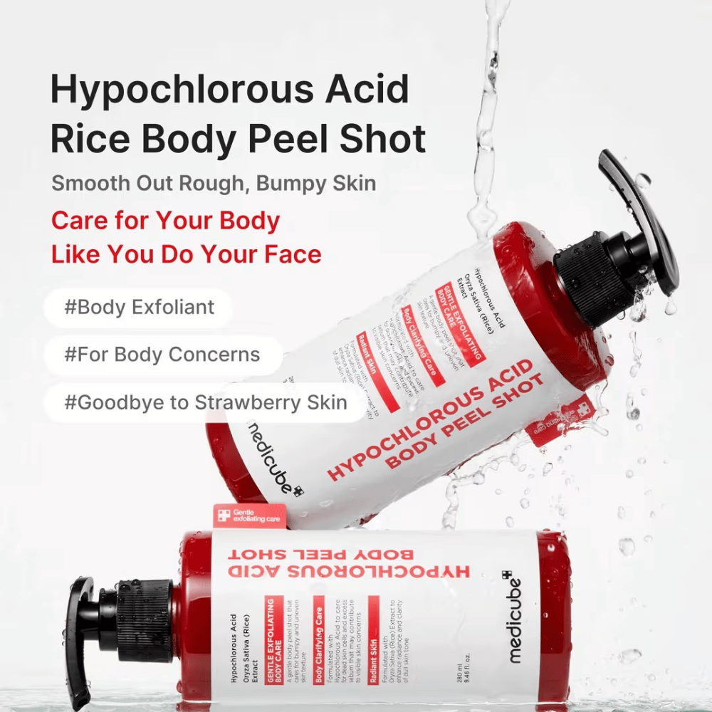 Promocijska slika za Medicube Hypochlorous Acid Body Peel Shot z vodnim učinkom in poudarkom na pilingu telesa za jagodno kožo, neenakomerno teksturo kože in suhe predele.