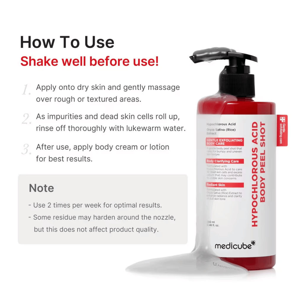 Slika z navodili za Medicube Hypochlorous Acid Body Peel Shot, ki prikazuje, kako se piling za telo uporablja korak za korakom za eksfoliacijo in mehkejšo kožo.