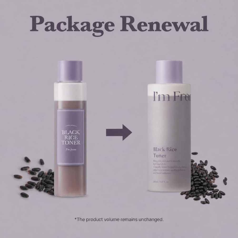 I'm From Black Rice Toner 150 ml, primerjava med prejšnjo prozorno stekleničko in novo svetlo vijolično embalažo.