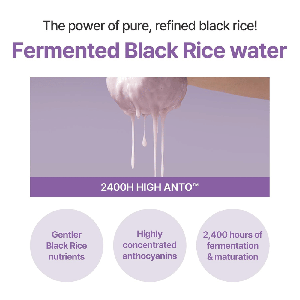 I'm From Black Rice Toner s fermentirano vodo iz črnega riža. Ilustracija lastnosti sestavine in procesa fermentacije.