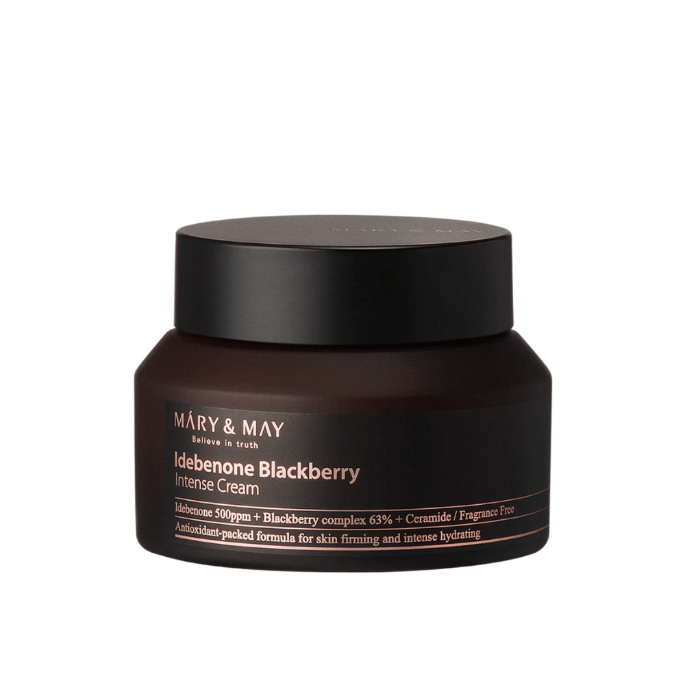 Kozarec kreme MARY & MAY Idebenone Blackberry Intense Cream. Ta krema vsebuje 500 ppm idebenona, 63% kompleksa robid in ceramide, zasnovana za intenzivno vlaženje in čvrstost kože. Formula brez dišav, obogatena z antioksidanti.