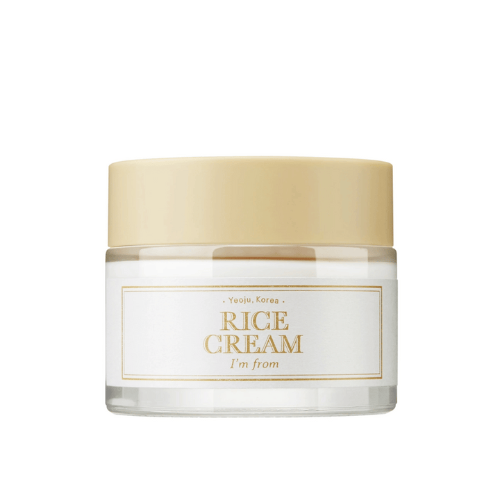 Kozarec z napisom "RICE CREAM" in "I'm from" ter navedbo "Yeoju, Korea" na etiketi.