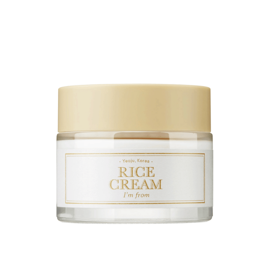 Kozarec z napisom "RICE CREAM" in "I'm from" ter navedbo "Yeoju, Korea" na etiketi.