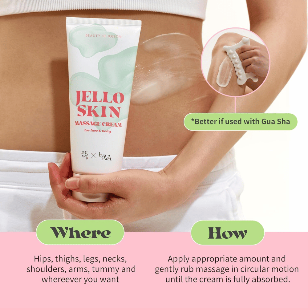 Beauty of Joseon Jello Skin Massage Cream se uporablja na trebuhu in telesu za vlažilno masažo z mehkim in prijetnim drsenjem.
