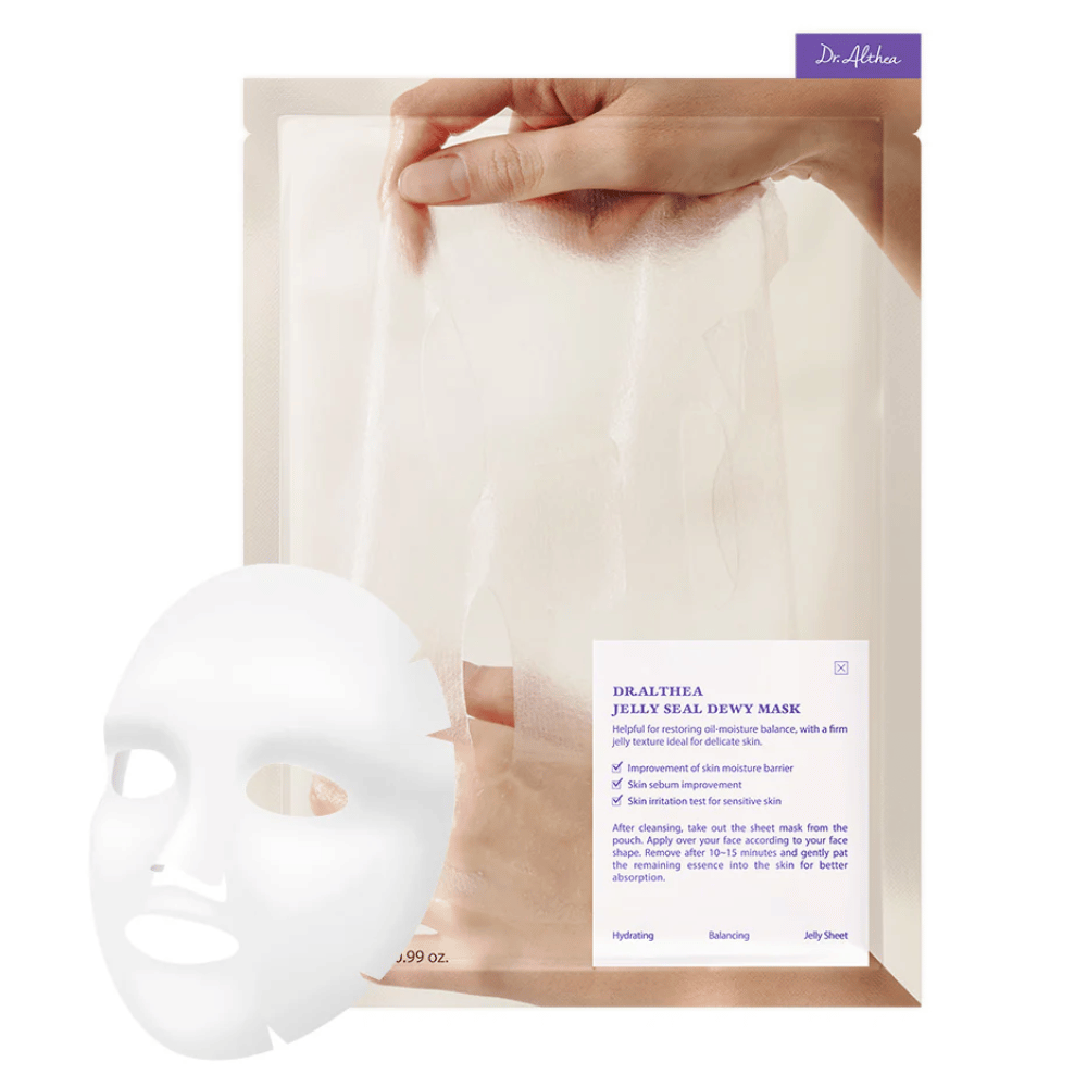 Dr.Althea Jelly Seal Dewy Mask – vlažilna maska v lističih z gelasto teksturo, ki krepi kožno vlažilno pregrado, uravnava proizvodnjo sebuma in pomirja občutljivo kožo.