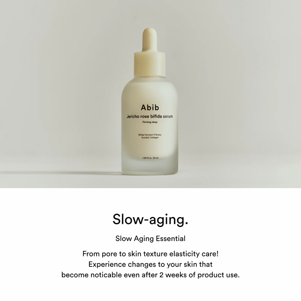 Minimalistična slika izdelka Abib Jericho Rose Bifida Serum Firming Drop s poudarkom na počasnem staranju in elastičnosti kože.