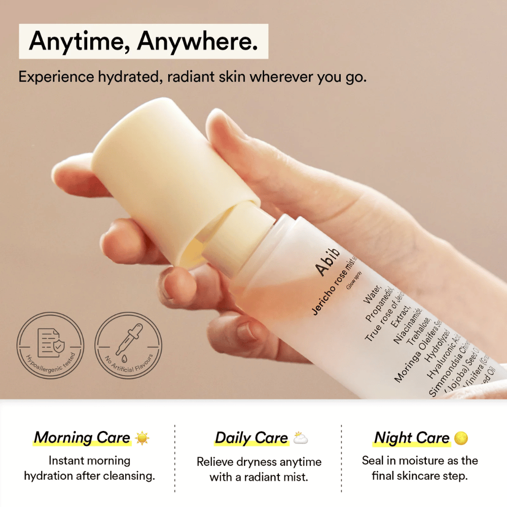 Abib Jericho Rose Mist Serum se uporablja čez dan za navlaženo kožo. Popoln za jutranjo, dnevno in večerno nego.