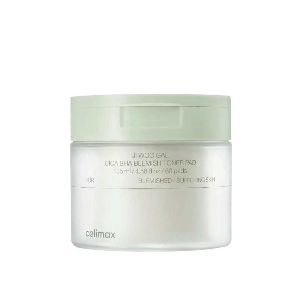 Slika izdelka Celimax Ji Woo Gae Cica BHA Blemish Toner Pad 135 ml s 60 blazinicami za občutljivo in aknasto kožo.