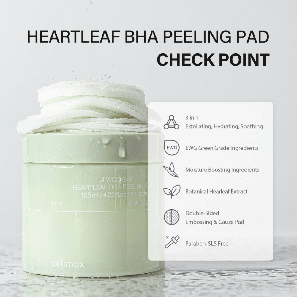 Celimax Ji Woo Gae Heartleaf BHA Peeling Pad je večnamenski izdelek, ki eksfolira, vlaži in pomirja kožo. S klasifikacijo EWG-zelena vsebuje vlažilne sestavine in ekstrakt botaničnega srčnega lista.