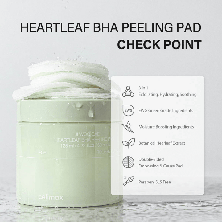 Celimax Ji Woo Gae Heartleaf BHA Peeling Pad je večnamenski izdelek, ki eksfolira, vlaži in pomirja kožo. S klasifikacijo EWG-zelena vsebuje vlažilne sestavine in ekstrakt botaničnega srčnega lista.