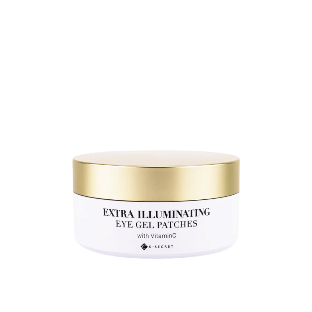 Posoda s K-Secret Extra Illuminating Eye Gel Patches z vitaminom C in zlato pokrovko.