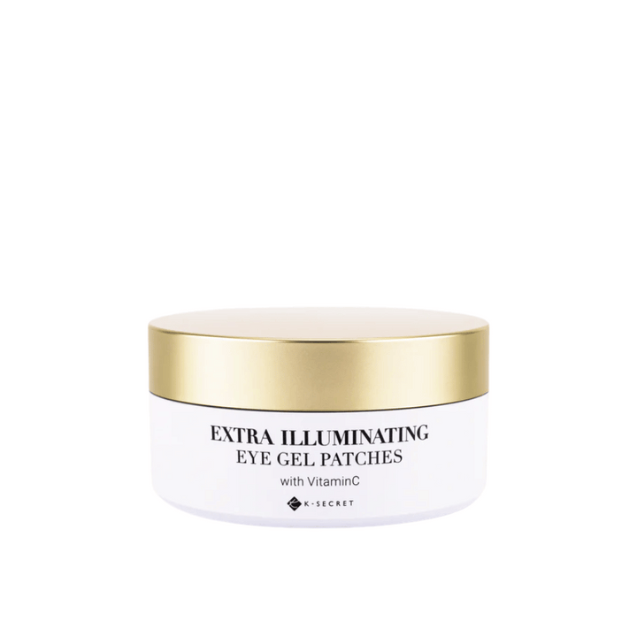 Posoda s K-Secret Extra Illuminating Eye Gel Patches z vitaminom C in zlato pokrovko.