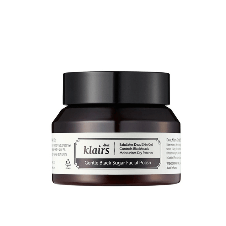 Kozarec Klairs Gentle Black Sugar Facial Polish s črnim pokrovom in etiketo, na nevtralnem ozadju.