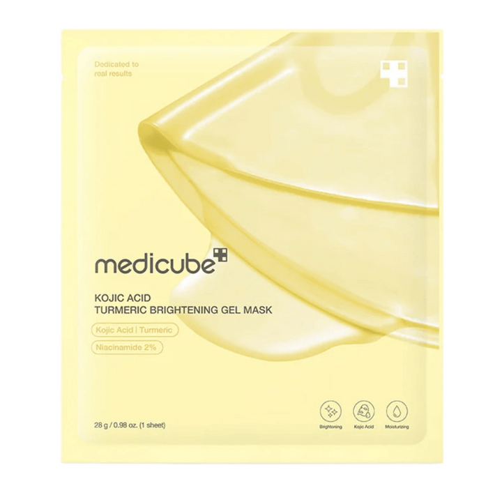 Medicube Kojic Acid Turmeric Brightening Gel Mask – rumena embalaža s sliko gel maske in jasnimi označbami sestavin.