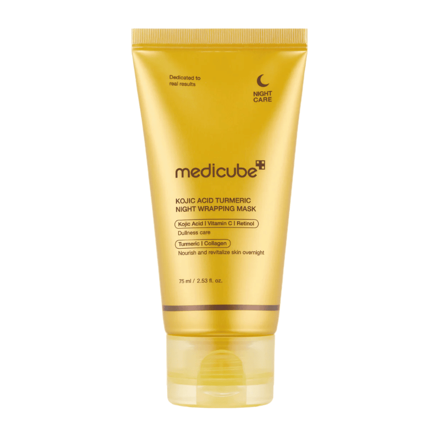 Medicube Kojic Acid Turmeric Night Wrapping Mask 75 ml v zlato obarvani embalaži s kojično kislino, kurkumo, vitaminom C in kolagenom za nočno nego za sijaj kože.