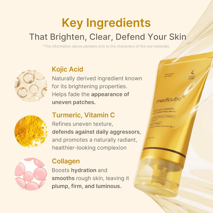 Medicube Kojic Acid Turmeric Night Wrapping Mask s kojično kislino, kurkumo, vitaminom C in kolagenom za sijaj, vlaženje in bolj enakomeren ten kože.