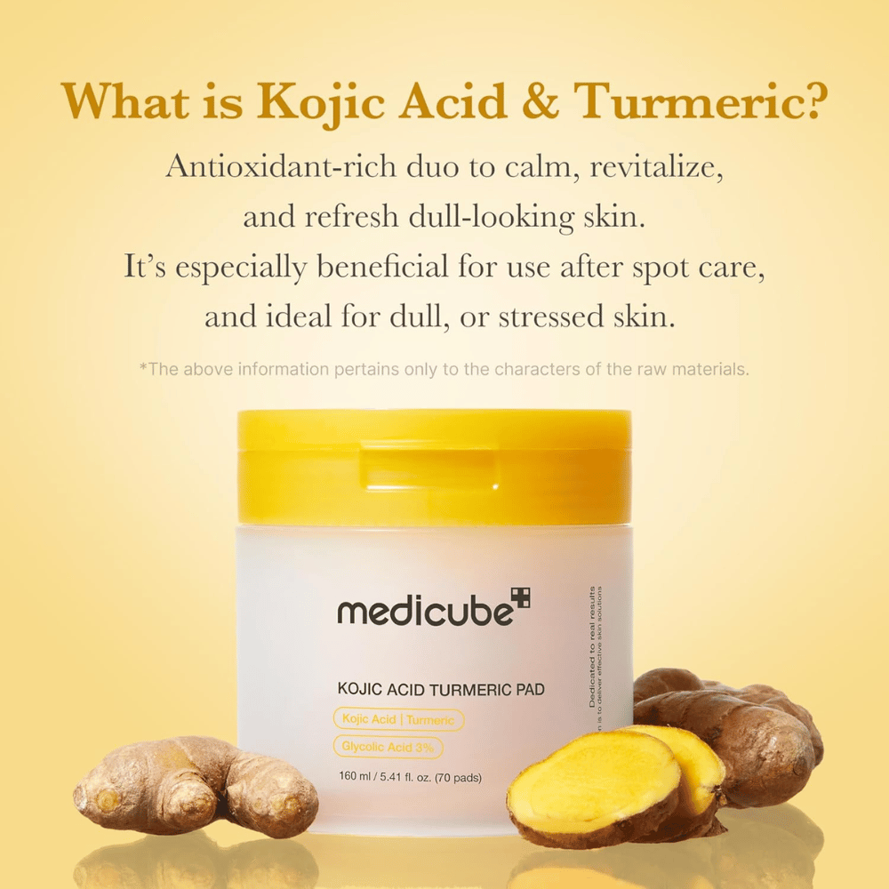 Informativna slika za Medicube Kojic Acid Turmeric Pad s poudarkom na kojični kislini in kurkumi kot sestavinah, bogatih z antioksidanti, za sijaj, pomirjujoč učinek in osveženo kožo.