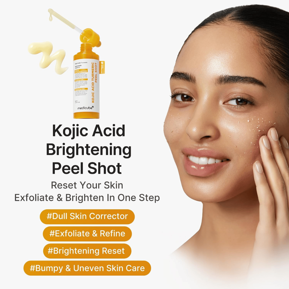 Medicube Kojic Acid Turmeric Peel Shot – korejski piling za pusto in neenakomerno kožo, ki lušči in koži daje več sijaja.
