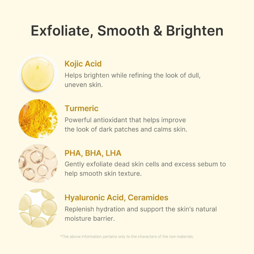 Medicube Kojic Acid Turmeric Peel Shot s kojinsko kislino, kurkumo, PHA, BHA, LHA, hialuronsko kislino in ceramidi.