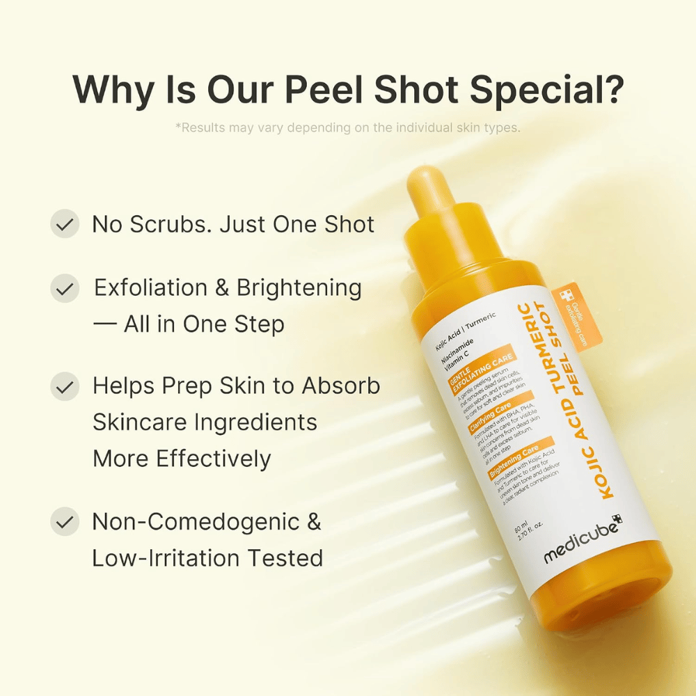 Medicube Kojic Acid Turmeric Peel Shot – piling piling s kojinsko kislino in kurkumo za bolj enakomeren ten, sijaj in bolj gladko kožo.
