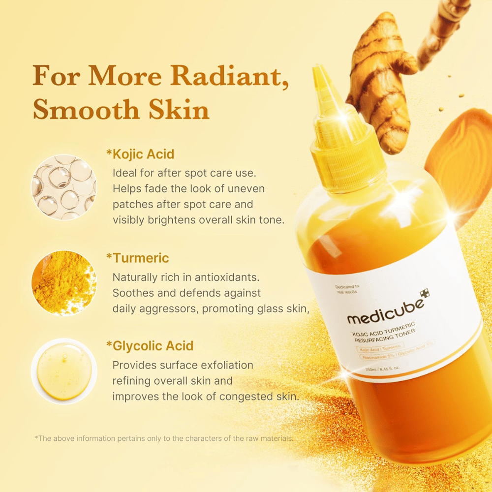 Slika sestavin za Medicube Kojic Acid Turmeric Resurfacing Toner s poudarkom na kojični kislini, kurkumi in glikolni kislini za eksfoliacijo, sijaj in enakomernejši ten kože.