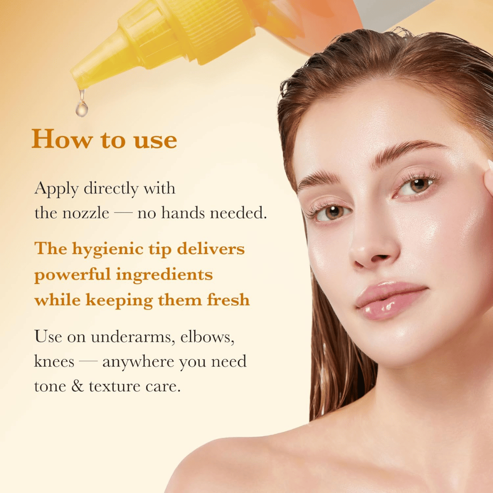 Slika uporabe za Medicube Kojic Acid Turmeric Resurfacing Toner, ki prikazuje higiensko nanašanje neposredno s koničastim aplikatorjem za nego tena in teksture kože, na primer na komolcih in kolenih.