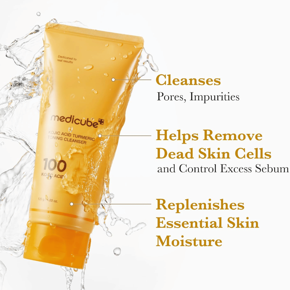 Medicube Kojic Acid Turmeric Toning Cleanser 120 g, čistilo za obraz, ki odstranjuje nečistoče in odmrle kožne celice. Rumena tuba z vodnimi kapljicami.