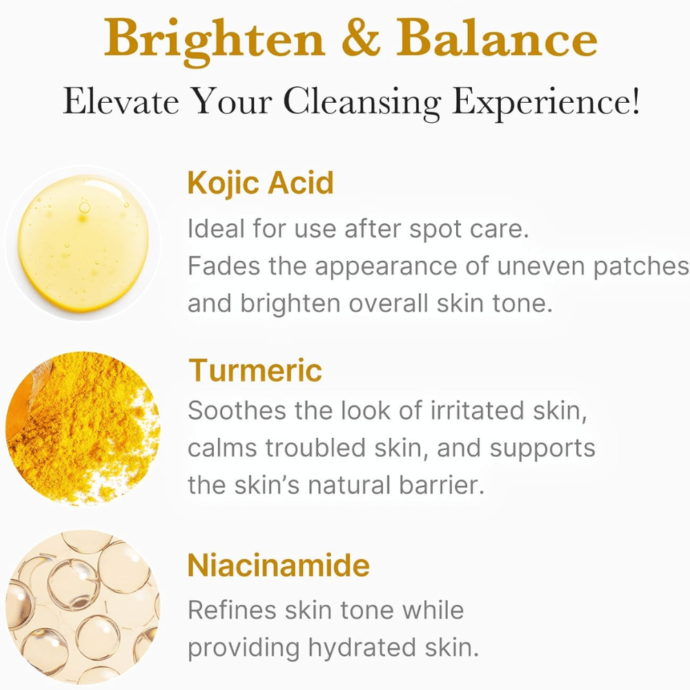 Medicube Kojic Acid Turmeric Toning Cleanser s kojično kislino, kurkumo in niacinamidom. Pregled sestavin za bolj enakomeren ten kože.