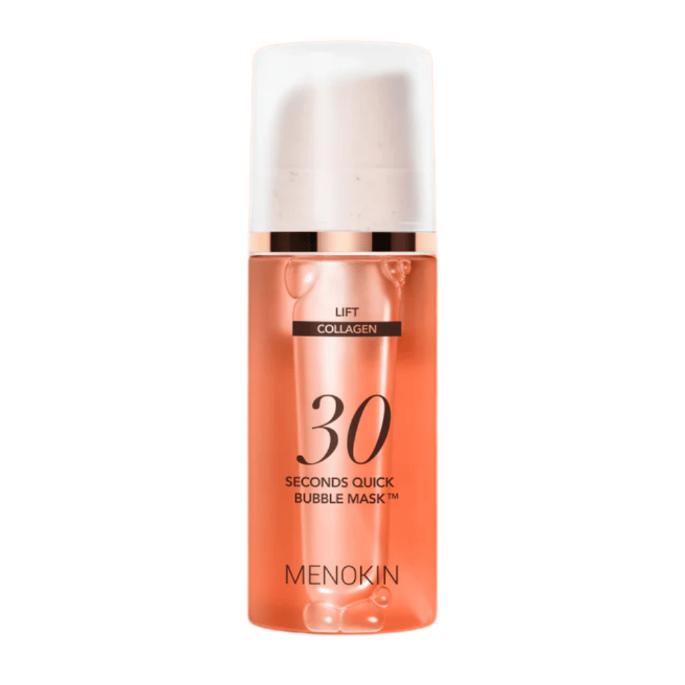 Izrezana produktna slika izdelka MENOKIN LIFT 30 Seconds Quick Bubble Mask, ki jasno prikazuje elegantno oranžno zasnovo in embalažo s pumpico.