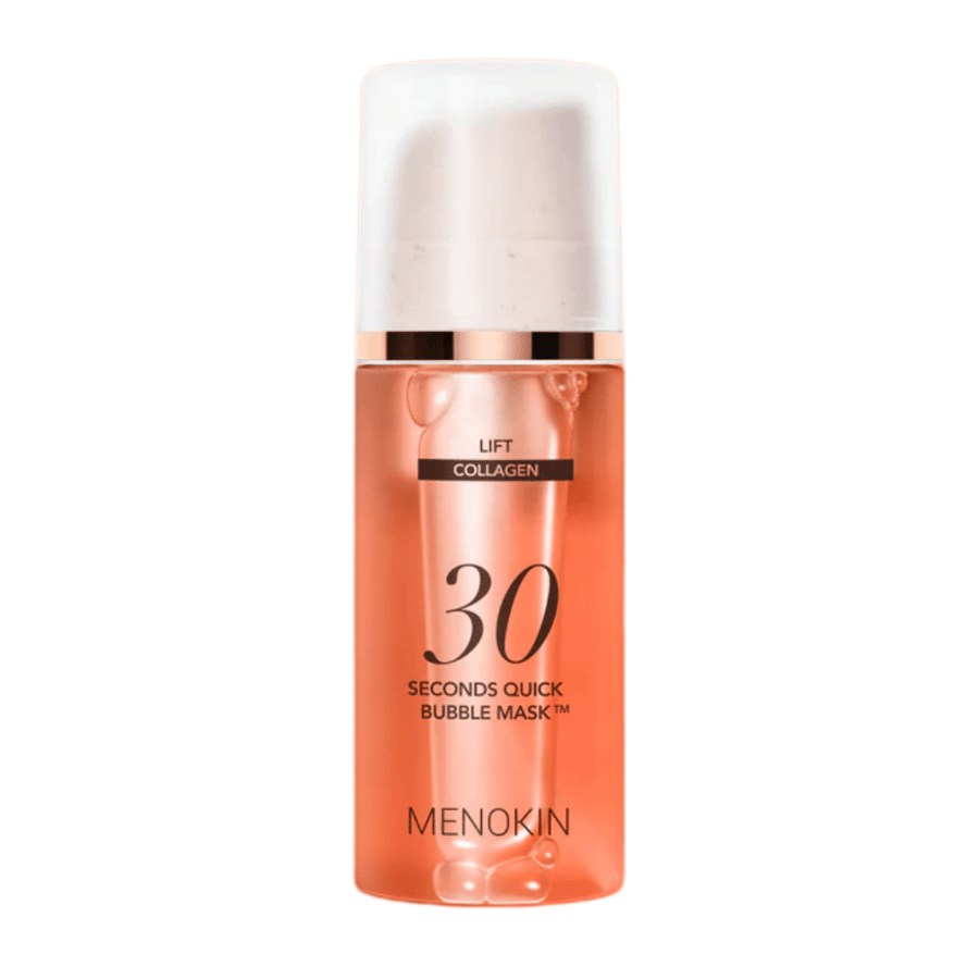 Izrezana produktna slika izdelka MENOKIN LIFT 30 Seconds Quick Bubble Mask, ki jasno prikazuje elegantno oranžno zasnovo in embalažo s pumpico.