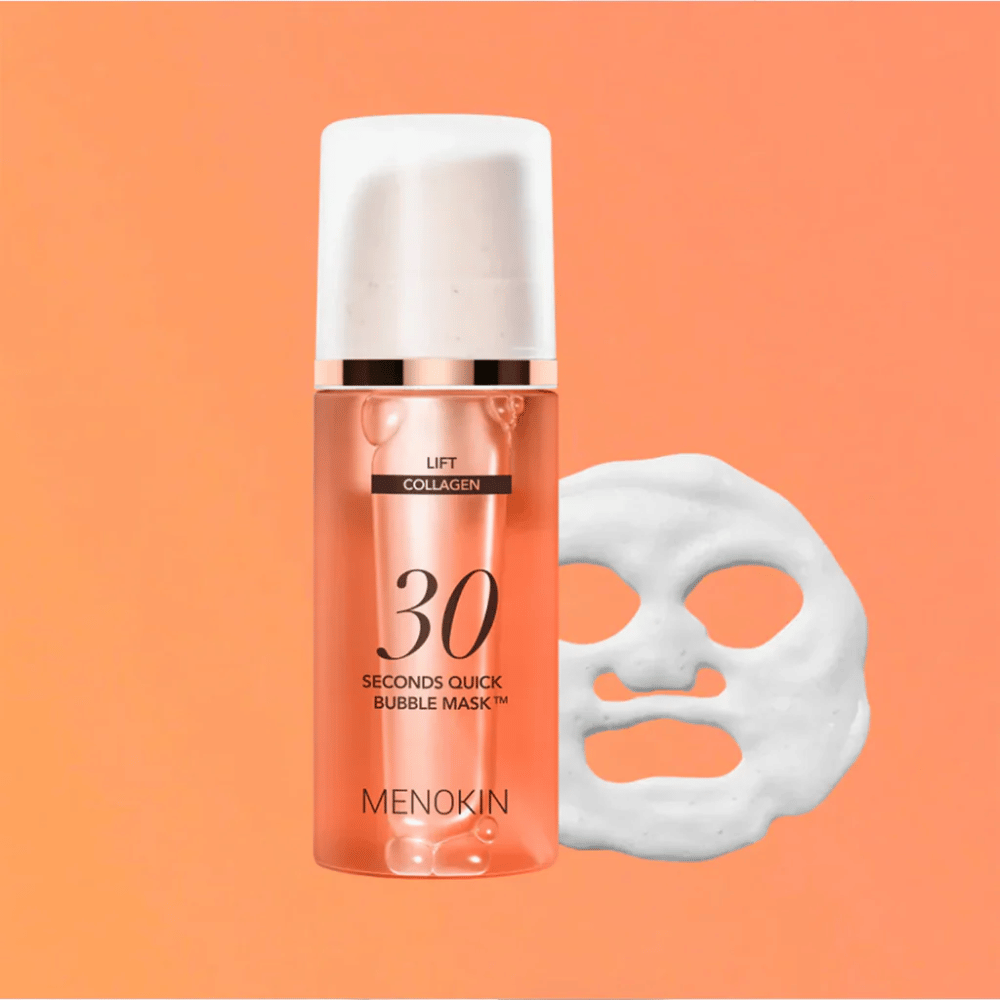 Produktna slika izdelka MENOKIN LIFT 30 Seconds Quick Bubble Mask z oranžnim ozadjem in obliko penaste maske, ki simbolizira hitro in učinkovito maska za obraz v samo 30 sekundah.