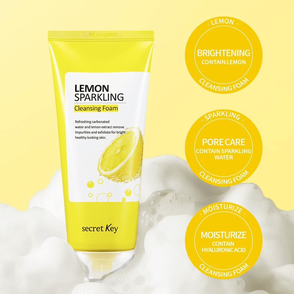 Secret Key Lemon Sparkling Cleansing Foam – peneče čistilo za obraz, ki čisti pore, vlaži s hialuronsko kislino in posvetli kožo.