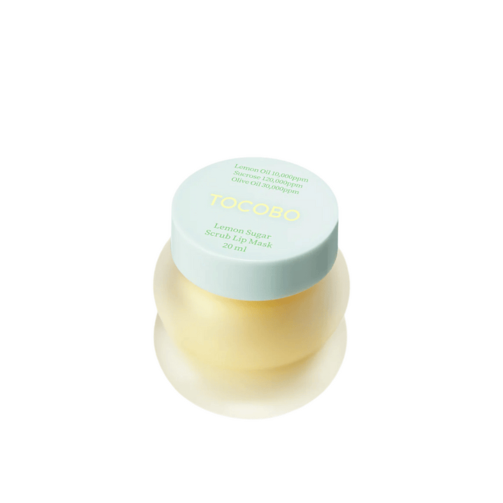Slika izdelka zaprte posode Tocobo Lemon Sugar Scrub Lip Mask 20 ml, na beli podlagi.
