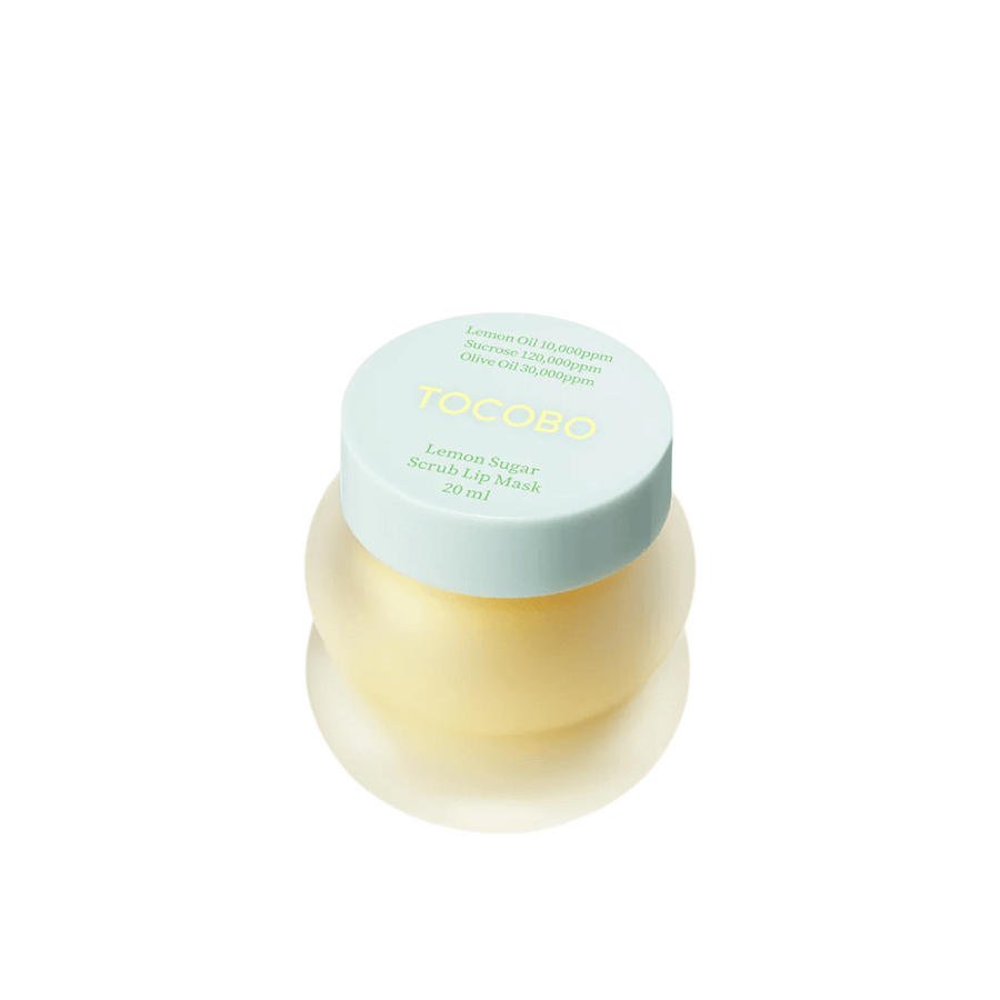 Slika izdelka zaprte posode Tocobo Lemon Sugar Scrub Lip Mask 20 ml, na beli podlagi.