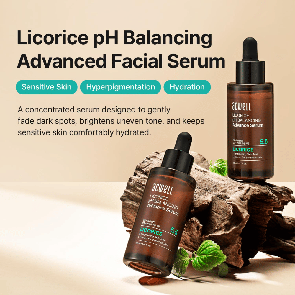Trženjska slika za Acwell Licorice pH Balancing Advance Serum s poudarkom na občutljivi koži, hiperpigmentaciji in vlaženju.