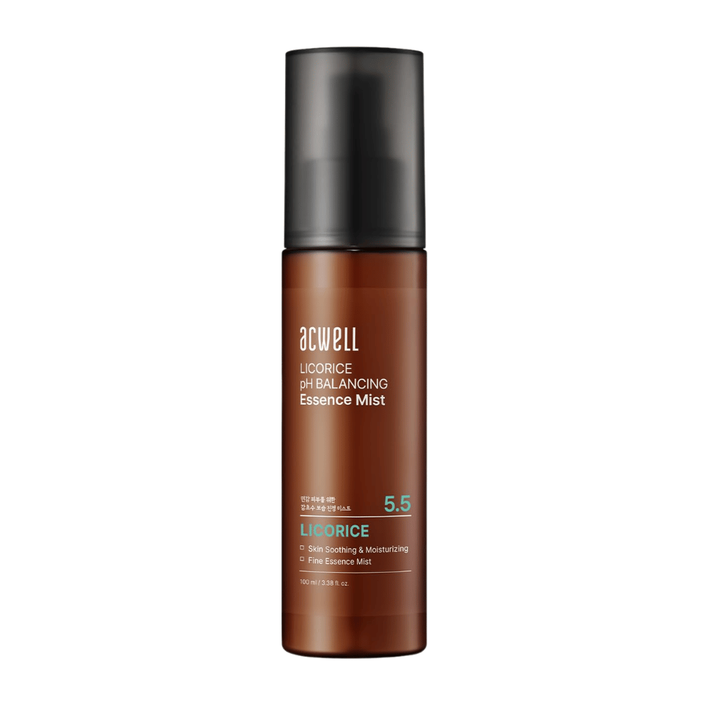 Slika izdelka Acwell Licorice pH Balancing Essence Mist v rjavi pršilni steklenički. Vlažilna esenca meglica z izvlečkom sladkega korena in koži uravnoteženim pH 5,5, ki pomaga pomiriti in osvežiti kožo.