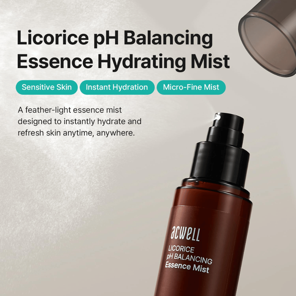 Acwell Licorice pH Balancing Essence Mist s poudarkom na občutljivi koži, intenzivnem vlaženju in mikrofini tehnologiji pršenja. Osvežilna esenca meglica, ki kožo navlaži kadar koli čez dan.