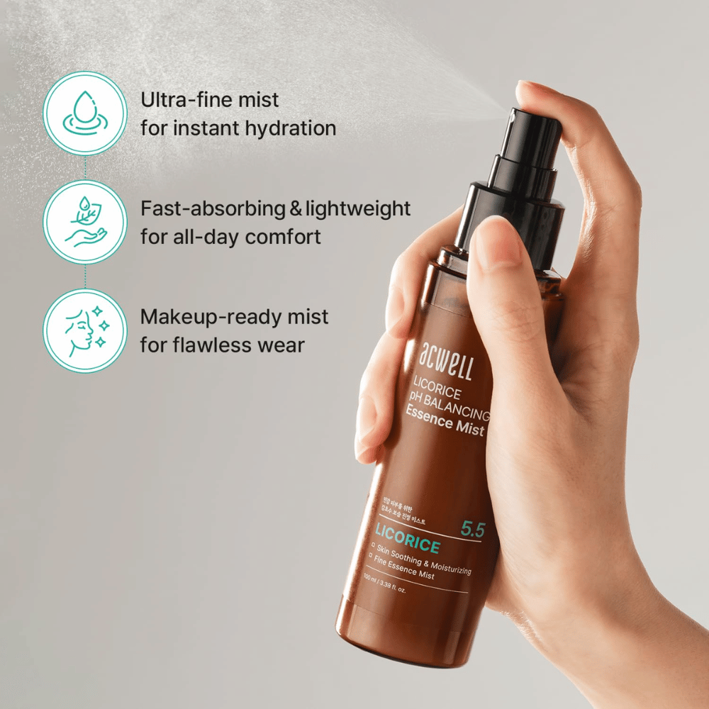 Acwell Licorice pH Balancing Essence Mist se razprši kot fino porazdeljena meglica. Lahka formula, ki se hitro vpije, zagotavlja takojšnjo vlažnost in deluje tako z ličili kot brez njih.