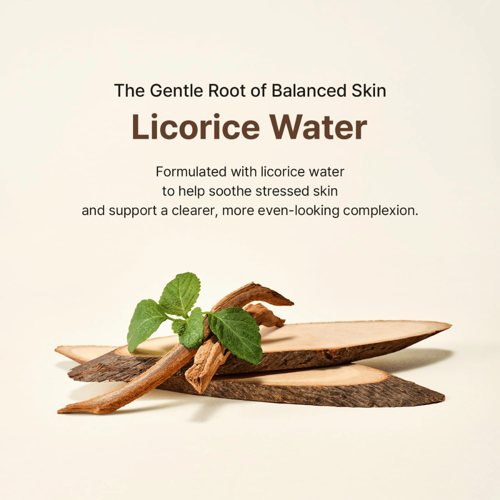 Korenina sladkega korena in zeleni listi ponazarjajo glavno sestavino v Acwell Licorice pH Balancing Essence Mist. Voda sladkega korena pomaga pomiriti obremenjeno kožo in prispeva k bolj enakomernemu tenu kože.